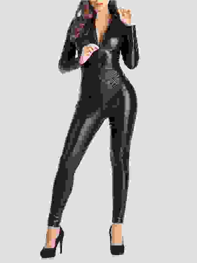 Lovehoney Fierce Black Wet Look Zip-Around Catsuit, Black, hi-res